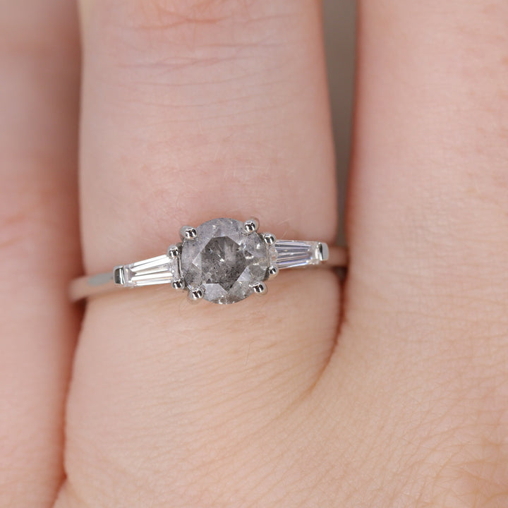 Harper - Round Brilliant Cut Salt and Pepper Diamond and Tapered Baguette Diamond Trilogy Engagement Ring - Ready-to-Wear Engagement Rings - Ready-to-Ship