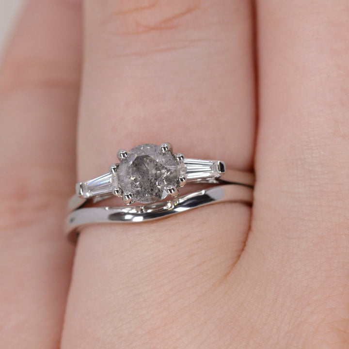 Harper - Round Brilliant Cut Salt and Pepper Diamond and Tapered Baguette Diamond Trilogy Engagement Ring - Ready-to-Wear Engagement Rings - Ready-to-Ship