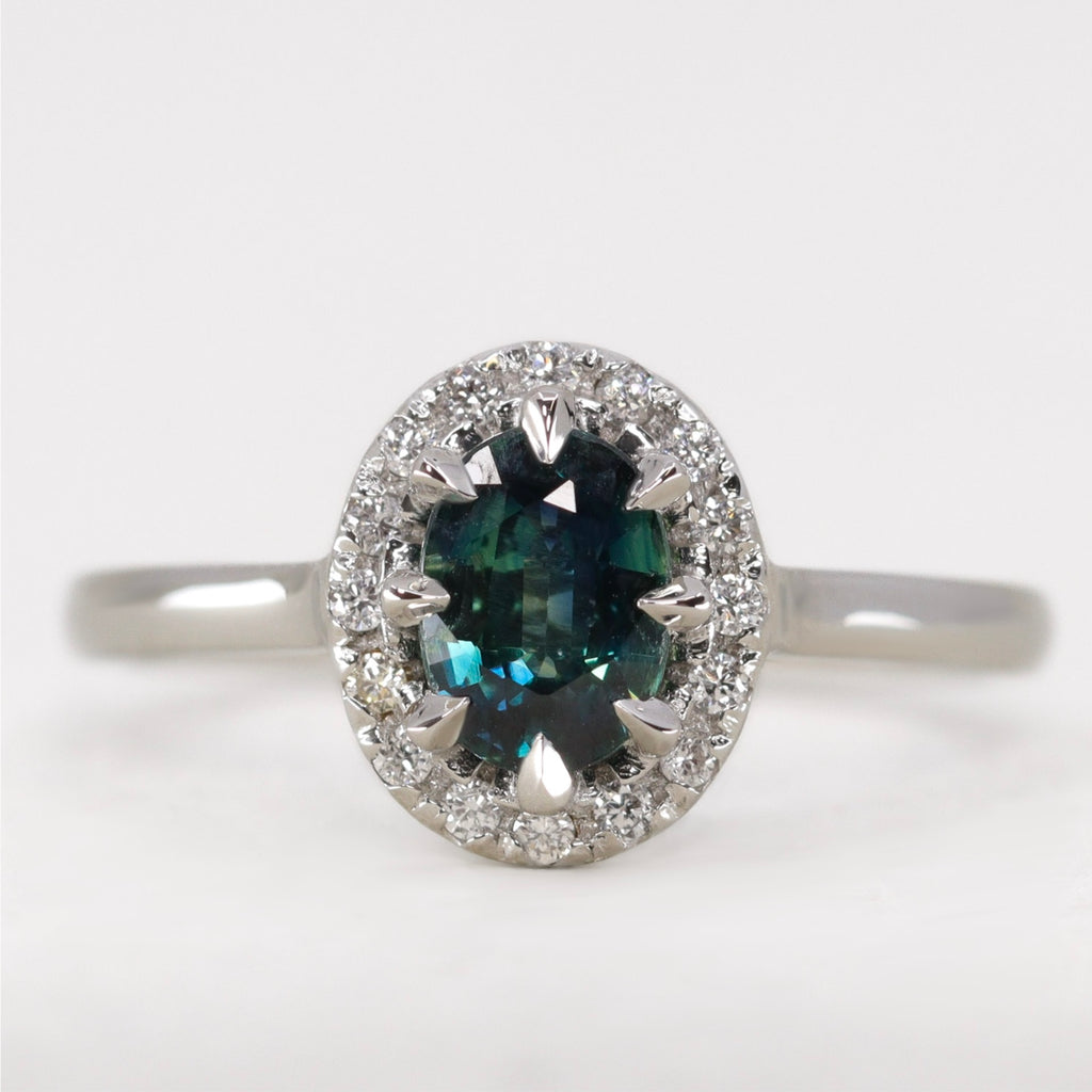 Charlotte - Teal Sapphire Halo Ring - Ready-to-Wear Engagement Rings - Ready-to-Ship