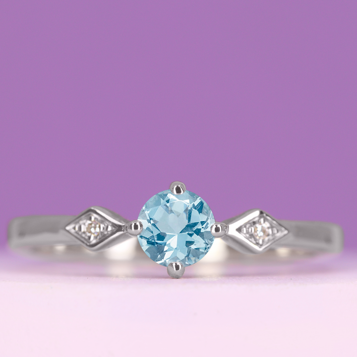 Hollie - Dainty Deco Collection - Round Brilliant Cut Aquamarine Engagement Ring - Made-to-Order