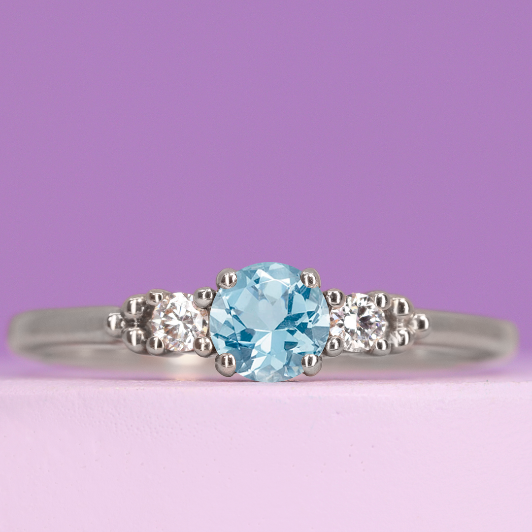 Natalia - Round Brilliant Cut Aquamarine and Diamond Delicate Trilogy Engagement Ring - Made-to-Order