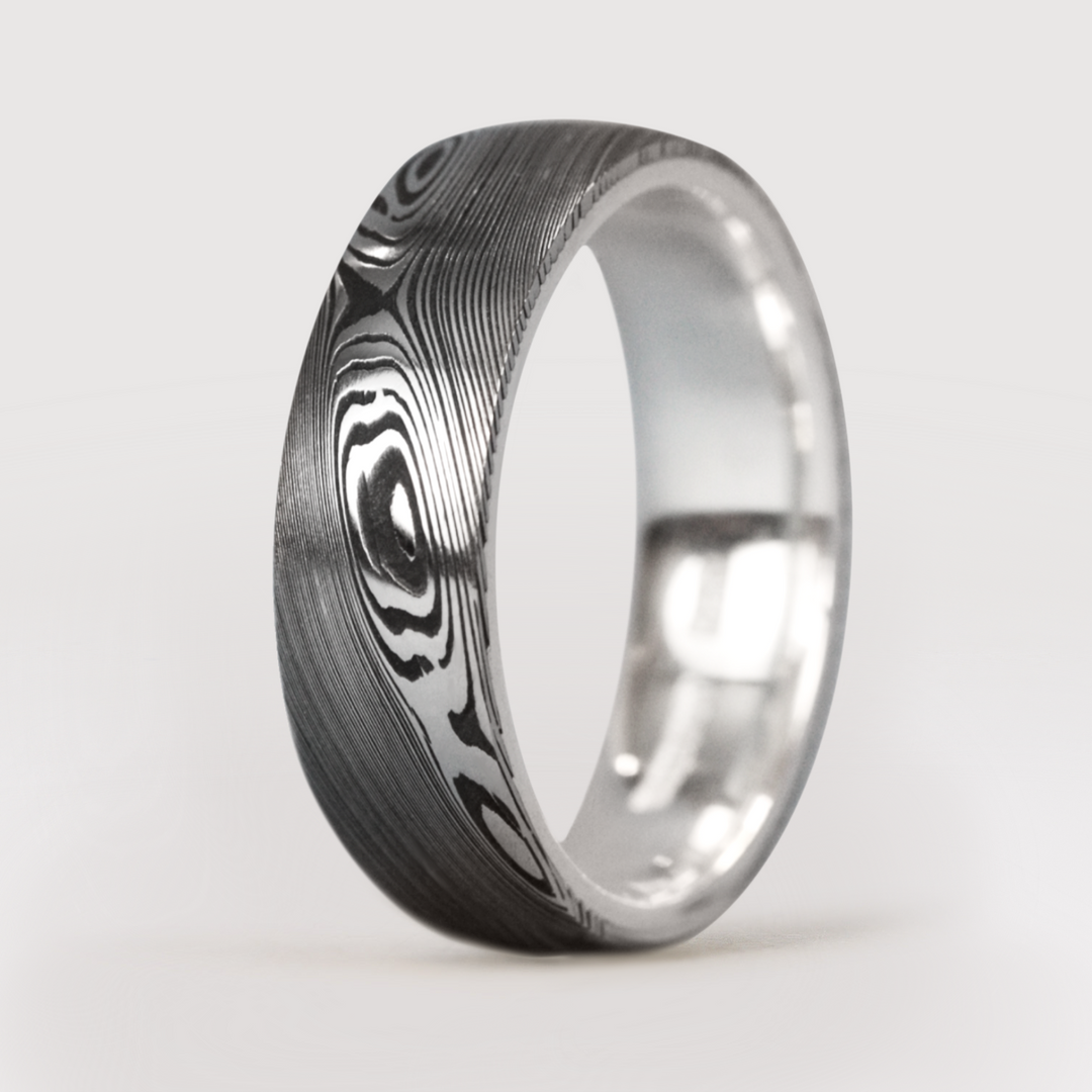 Woodgrain Damascus and Silver Wrap Wedding Ring - The Whirlow Brook Ring - Made-to-Order | Flinn & Steel Flinn & Steel Wedding Rings