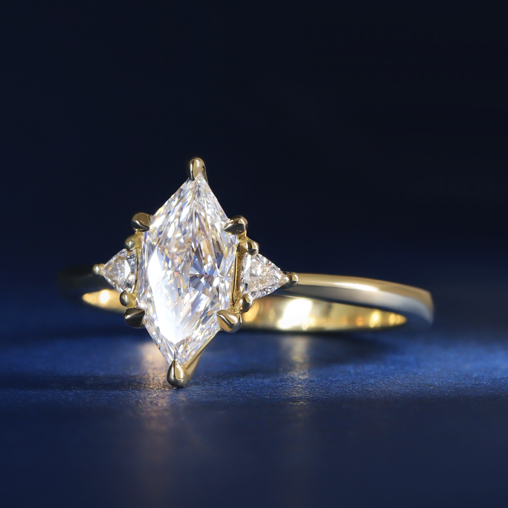 Delphine - Elongated Hexagon Cut Lab Grown Diamond Trilogy Engagement Ring - Ready-to-Wear Engagement Rings - Ready-to-Ship