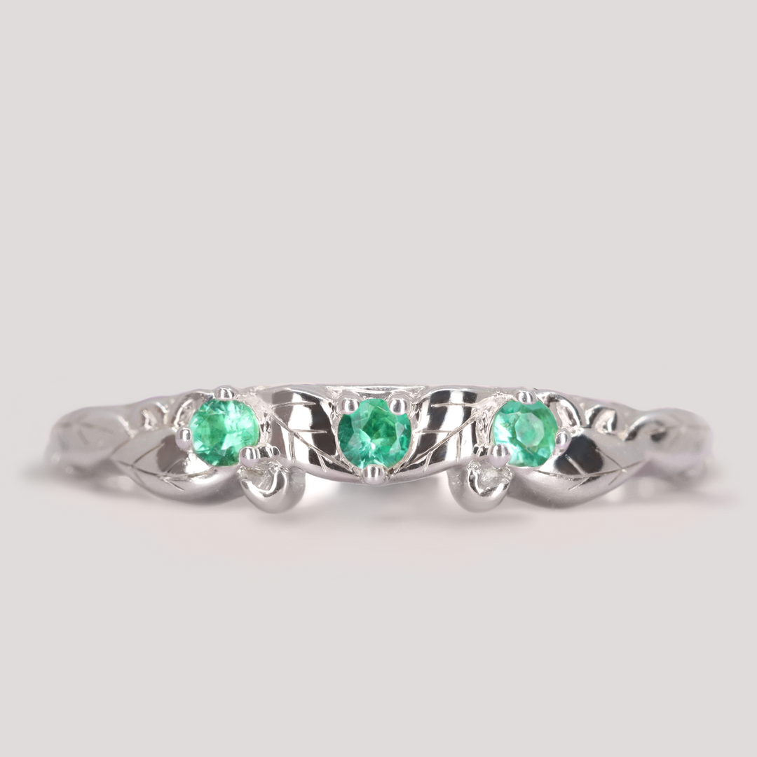 Willow - Leaf/Vine Detail Emerald Set Wedding Ring - Made-To-Order