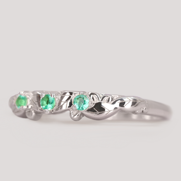 Willow - Leaf/Vine Detail Emerald Set Wedding Ring - Made-To-Order