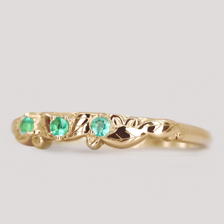 Willow - Leaf/Vine Detail Emerald Set Wedding Ring - Made-To-Order