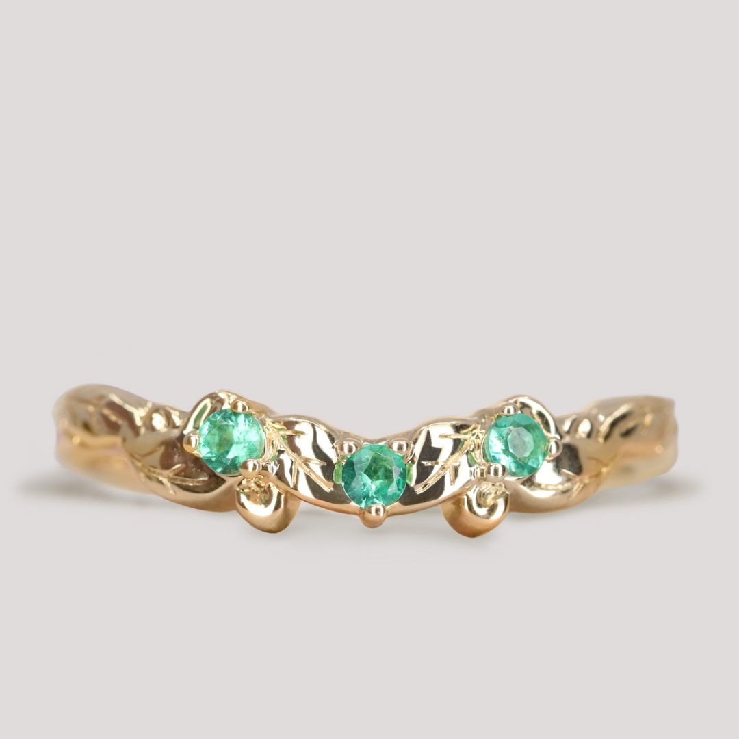 Willow - Leaf/Vine Detail Shaped Emerald or Diamond Set Wedding Ring - Made-To-Order