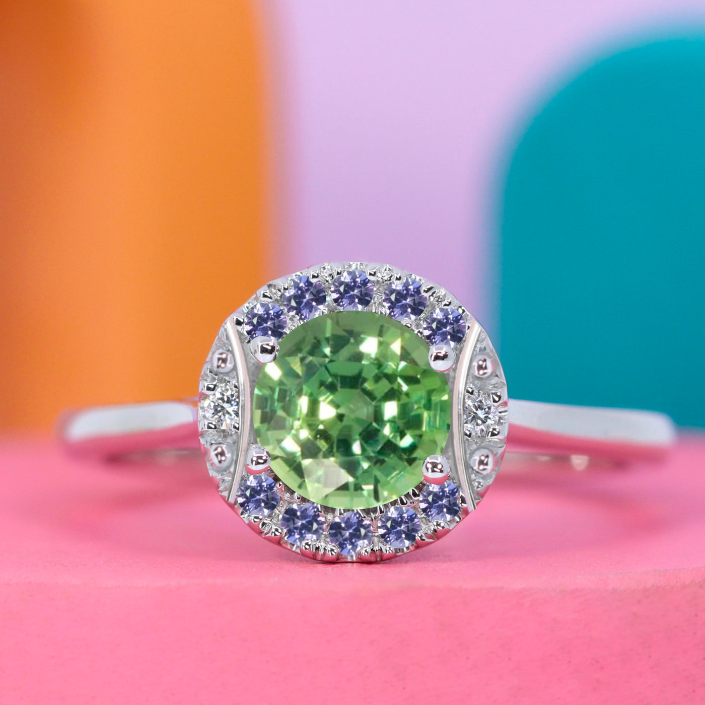 Serena - Mini Wimbledon Collection - Green Sapphire Ring with Halo of Purple Sapphires and Diamonds - Made-to-Order