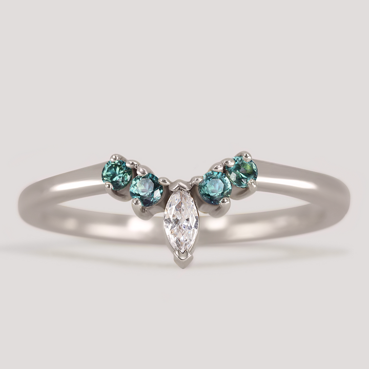 Winnie - Petite Tiara Style Teal Sapphire and Marquise Diamond Ring - Made-To-Order