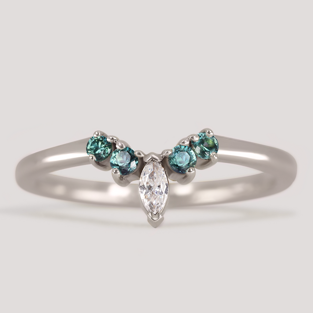 Winnie - Petite Tiara Style Teal Sapphire and Marquise Diamond Ring - Made-To-Order