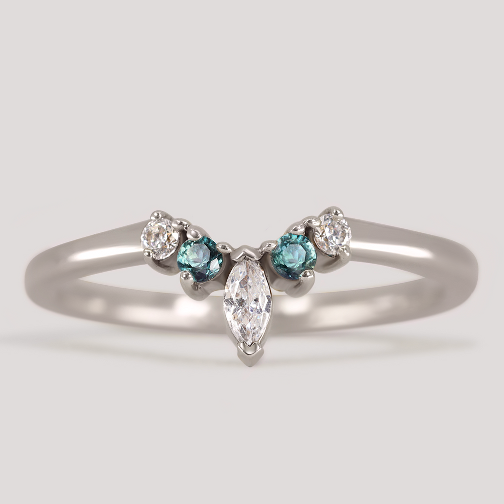 Winnie - Teal Sapphire and Marquise Lab Grown Diamond Petite Tiara Wedding Ring - Made-to-Order Wedding Rings - Made-to-Order