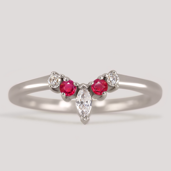 Winnie - Marquise Petite Tiara Style Diamond and Coloured Gemstone Wedding Ring - Made-To-Order