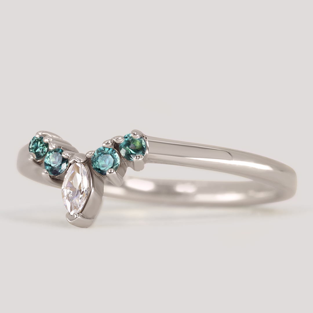 Winnie - Petite Tiara Style Teal Sapphire and Marquise Diamond Ring - Made-To-Order