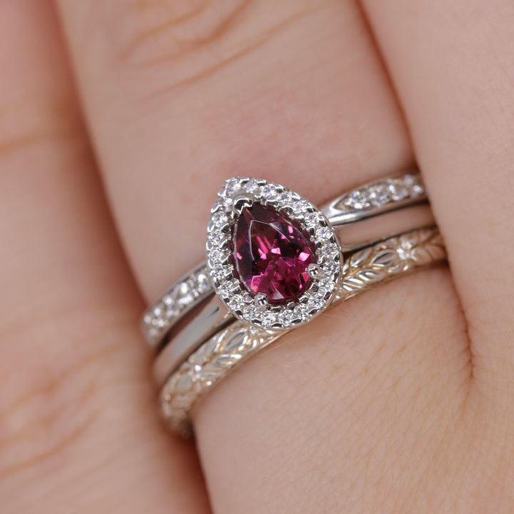 Winter - Petite Pear Pink Tourmaline and Diamond Halo Engagement Ring