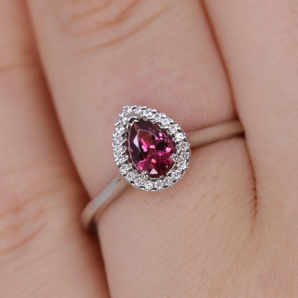 Winter - Petite Pear Pink Tourmaline and Diamond Halo Engagement Ring Engagement Rings - Made-to-Order