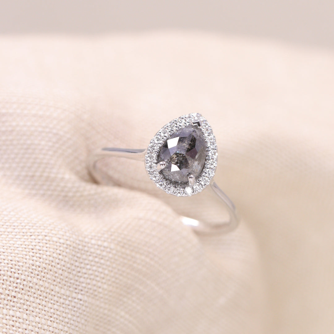 Winter - Pre-Owned - Pear Cut Salt &amp; Pepper Diamond Halo Engagement Ring - Ready-to-Wear Engagement Rings - Ready-to-Ship