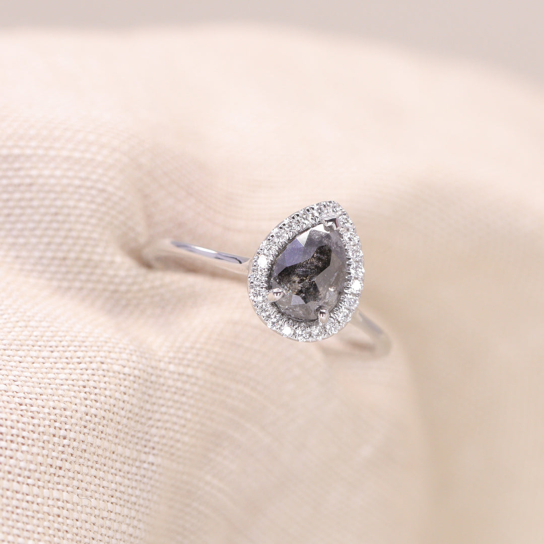 Winter - Pre-Owned - Pear Cut Salt &amp; Pepper Diamond Halo Engagement Ring - Ready-to-Wear Engagement Rings - Ready-to-Ship