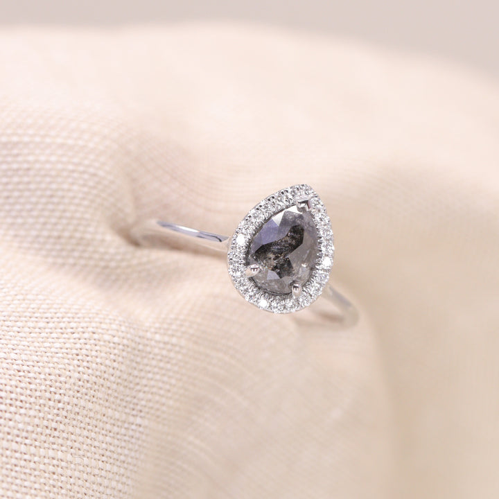 Winter - Pre-Owned - Pear Cut Salt &amp; Pepper Diamond Halo Engagement Ring - Ready-to-Wear Engagement Rings - Ready-to-Ship