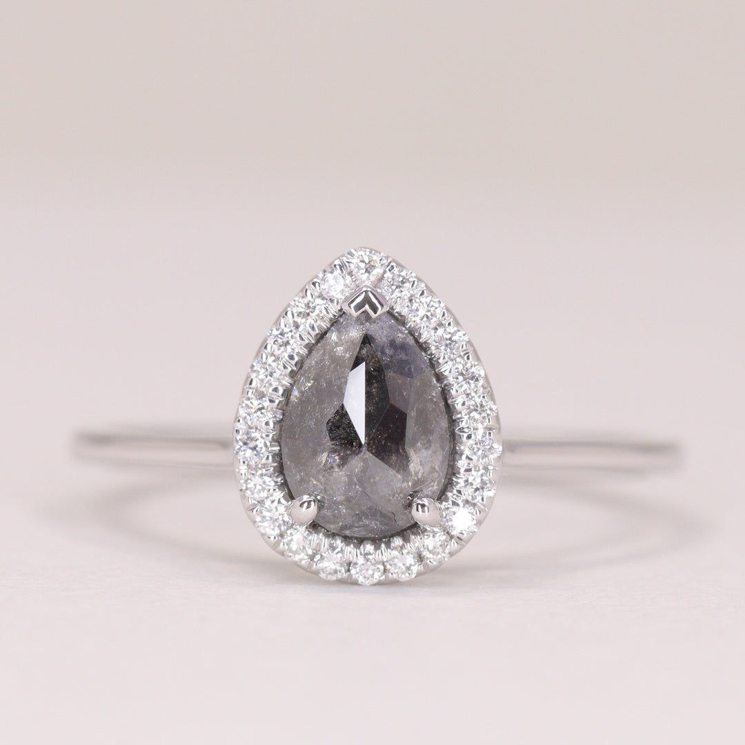 Winter - Pre-Owned - Pear Cut Salt &amp; Pepper Diamond Halo Engagement Ring - Ready-to-Wear Engagement Rings - Ready-to-Ship