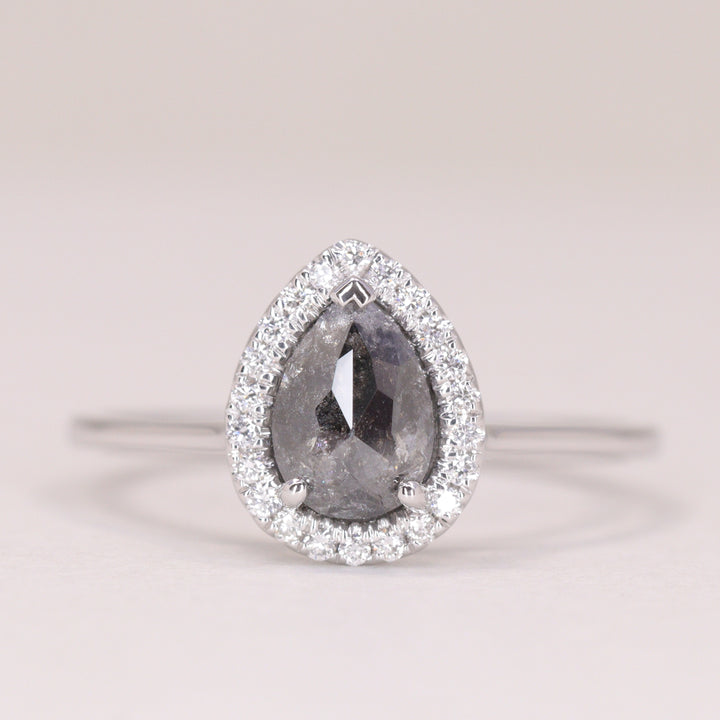Winter - Pre-Owned - Pear Cut Salt &amp; Pepper Diamond Halo Engagement Ring - Ready-to-Wear Engagement Rings - Ready-to-Ship