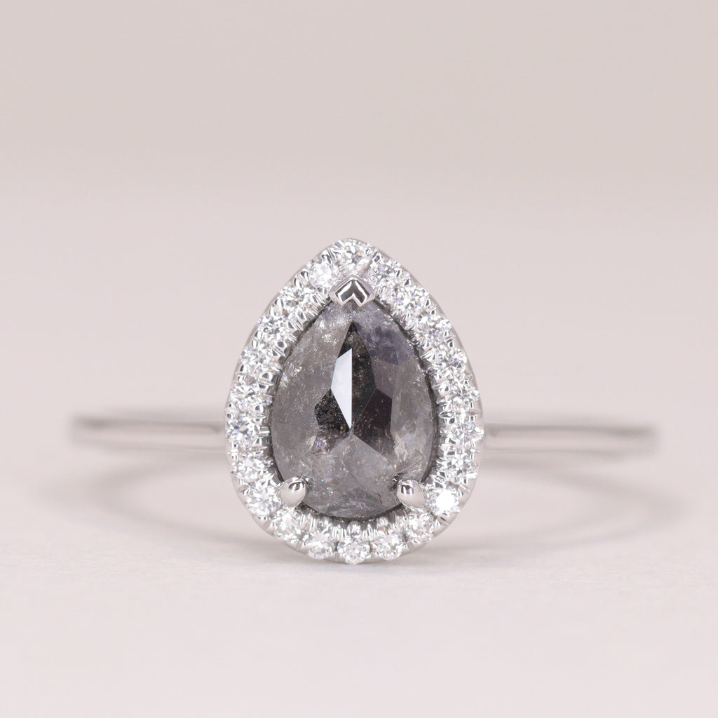 Winter - Pre-Owned - Pear Cut Salt & Pepper Diamond Halo Engagement Ring - Ready-to-Wear Engagement Rings - Ready-to-Ship