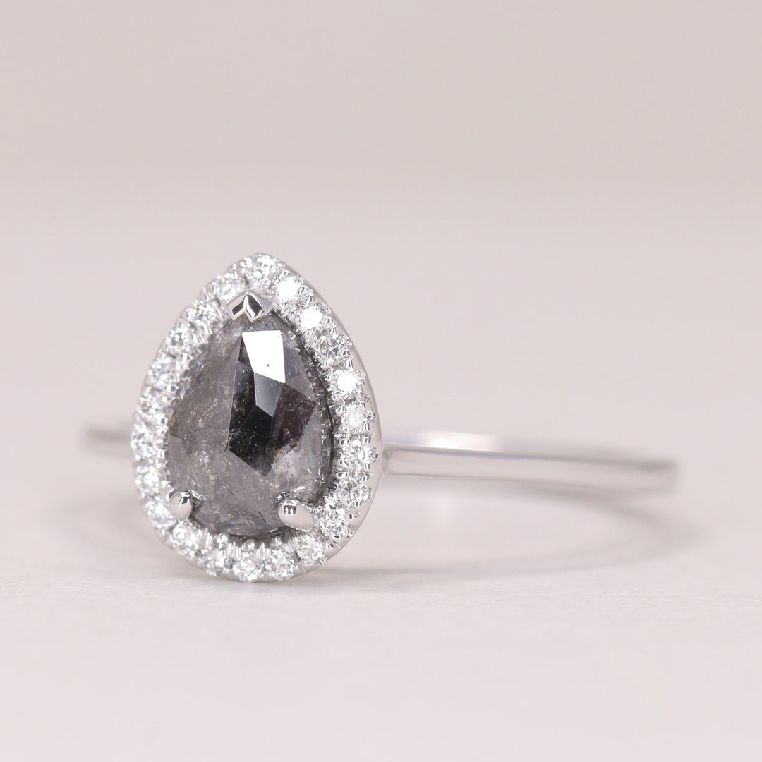 Winter - Pre-Owned - Pear Cut Salt &amp; Pepper Diamond Halo Engagement Ring - Ready-to-Wear Engagement Rings - Ready-to-Ship