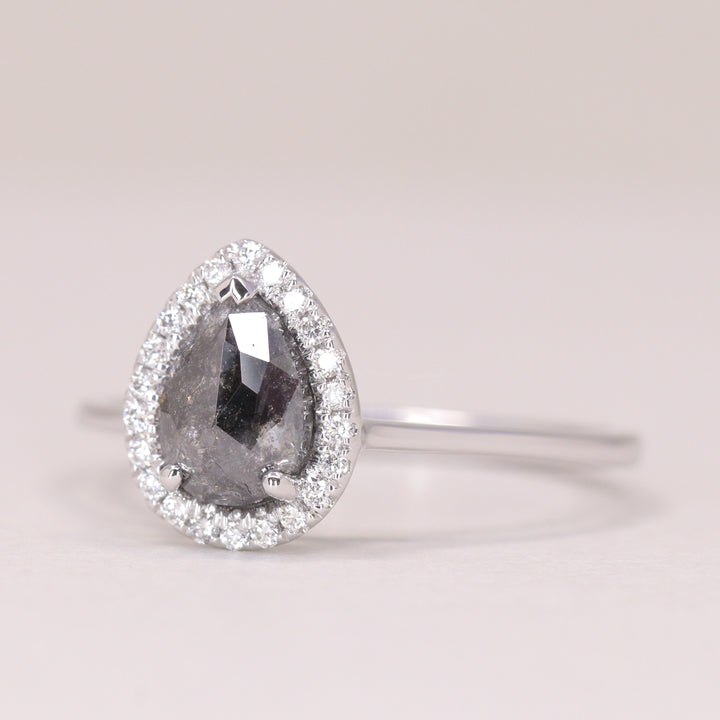Winter - Pre-Owned - Pear Cut Salt &amp; Pepper Diamond Halo Engagement Ring - Ready-to-Wear Engagement Rings - Ready-to-Ship