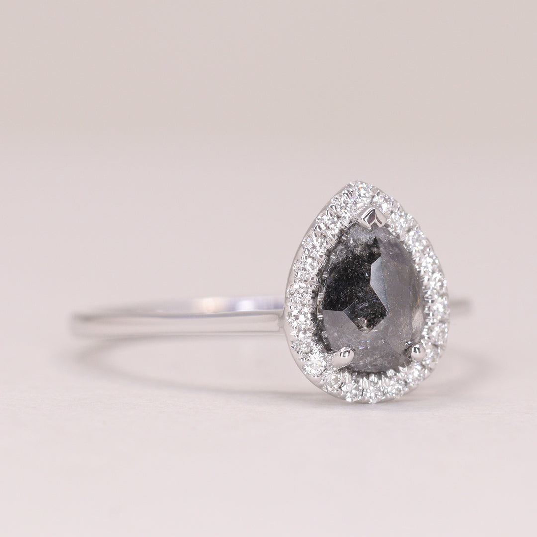 Winter - Pre-Owned - Pear Cut Salt &amp; Pepper Diamond Halo Engagement Ring - Ready-to-Wear Engagement Rings - Ready-to-Ship