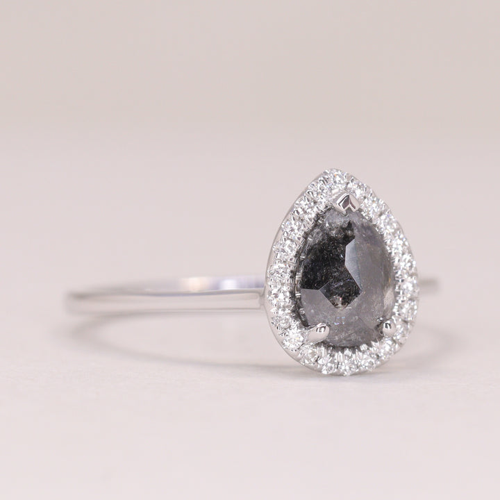 Winter - Pre-Owned - Pear Cut Salt &amp; Pepper Diamond Halo Engagement Ring - Ready-to-Wear Engagement Rings - Ready-to-Ship