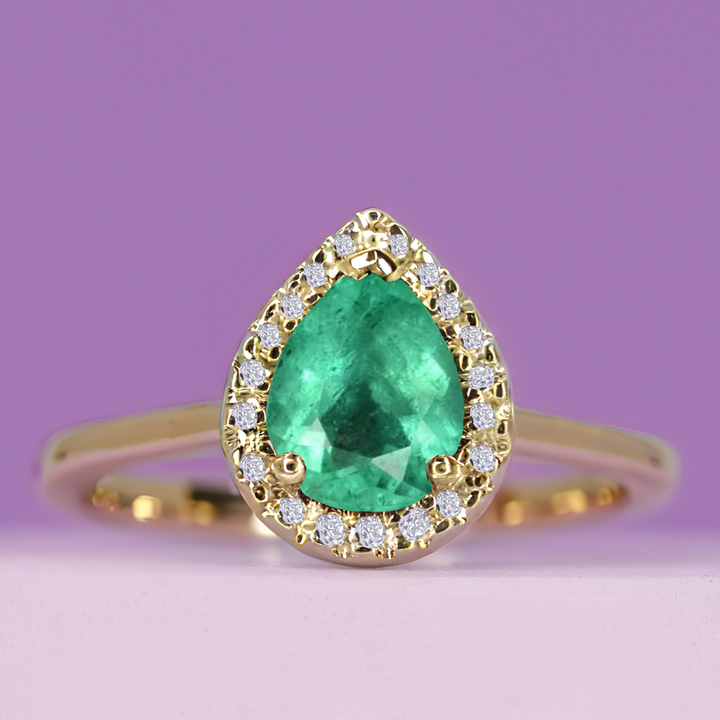 Winter - Pear Shaped Emerald and Diamond Halo Engagement Ring