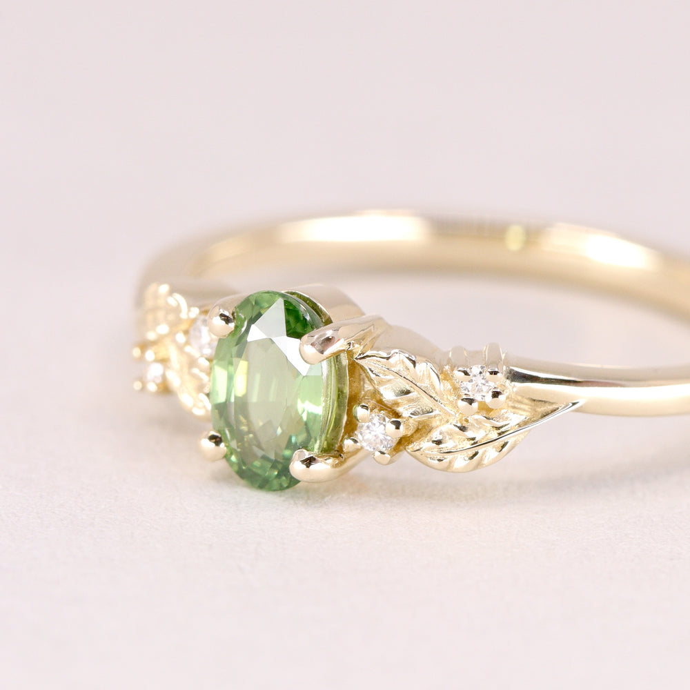 Wren - Oval Cut Green Sapphire Floral Nature-Inspired Engagement Ring - Ready-to-Wear Engagement Rings - Ready-to-Ship