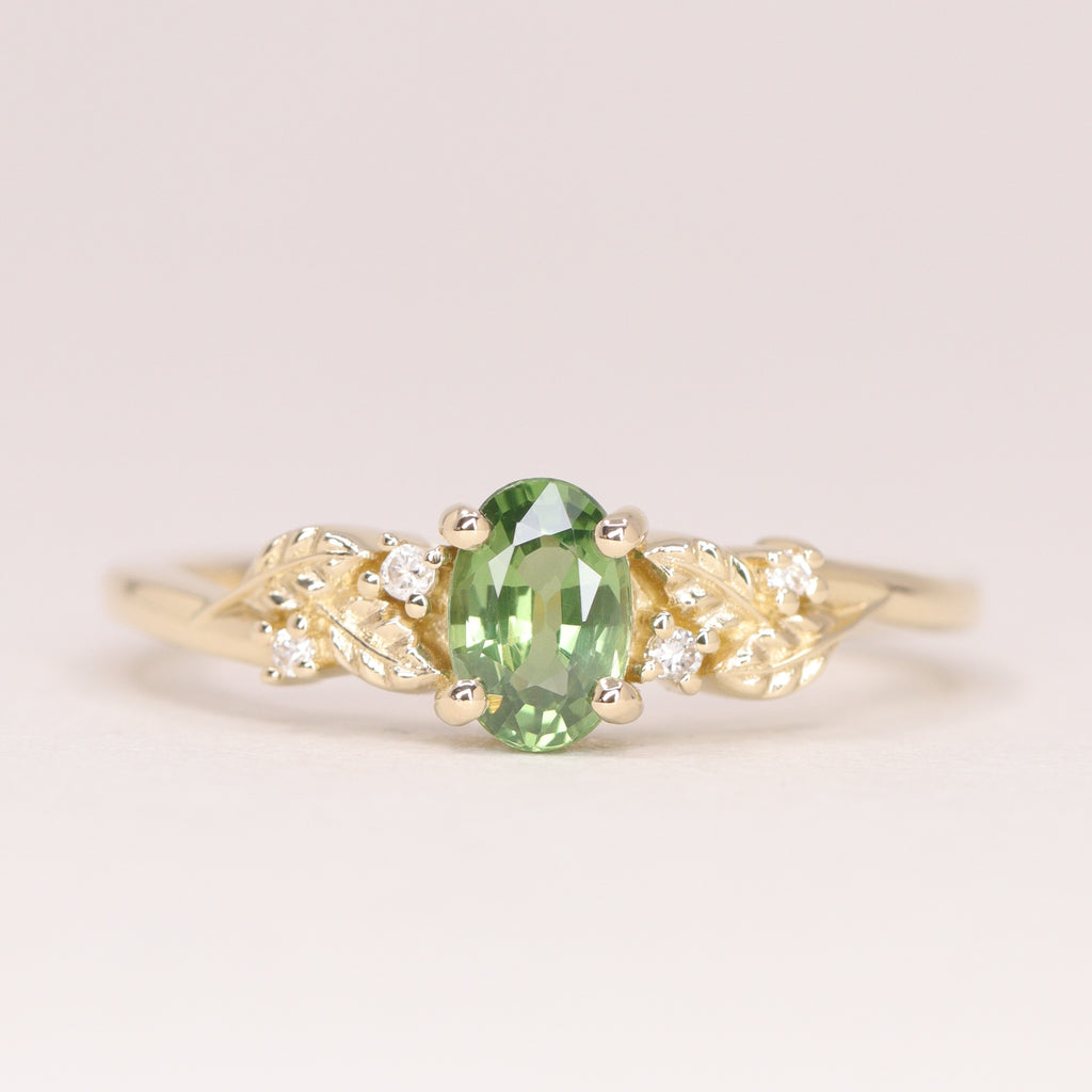 Wren - Oval Cut Green Sapphire Floral Nature-Inspired Engagement Ring - Ready-to-Wear Engagement Rings - Ready-to-Ship