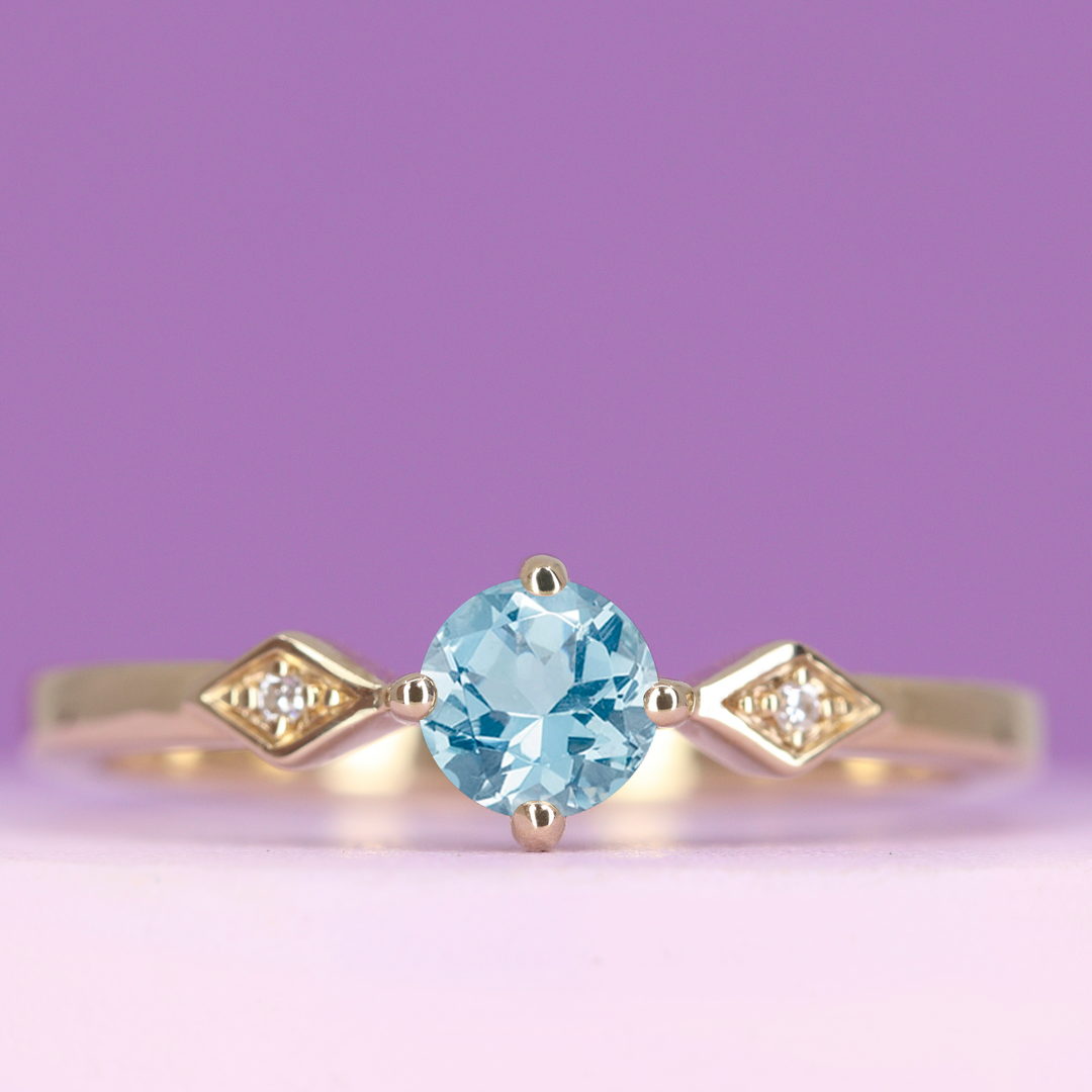 Hollie - Dainty Deco Collection - Round Brilliant Cut Aquamarine Engagement Ring - Made-to-Order