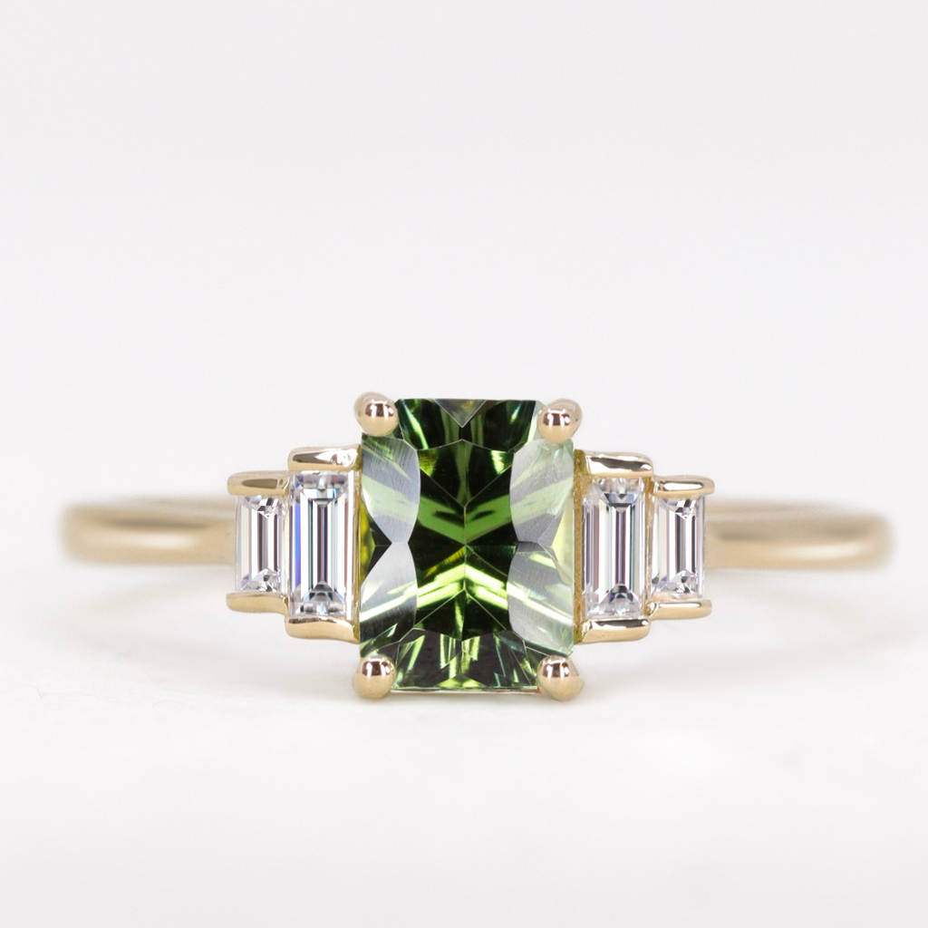Bridal Set - Erin & Goldie - Optix Cut Green Tourmaline Art Deco Engagement Ring and Shaped Patterned Wedding Ring Bridal Sets