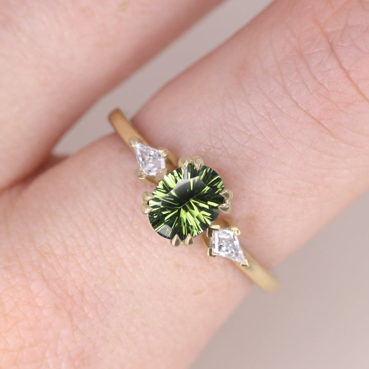 Dahlia - Oval Optix Cut Green Tourmaline Trilogy Engagement Ring Engagement Rings - Made-to-Order