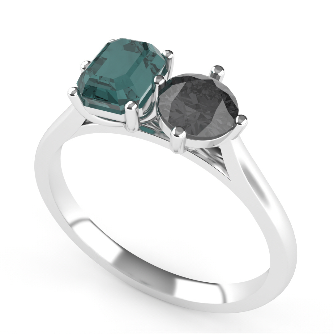 Juno - Teal Sapphire and Salt and Pepper Diamond Toi et Moi Engagement Ring