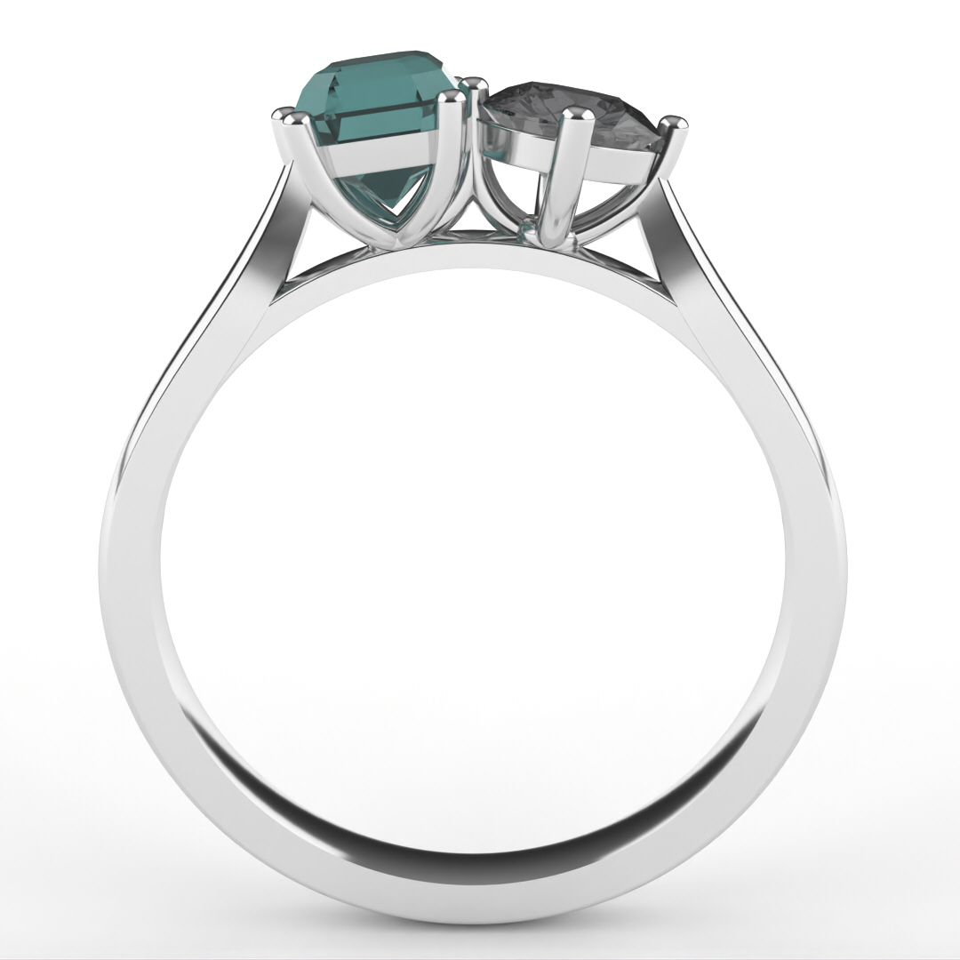 Juno - Teal Sapphire and Salt and Pepper Diamond Toi et Moi Engagement Ring