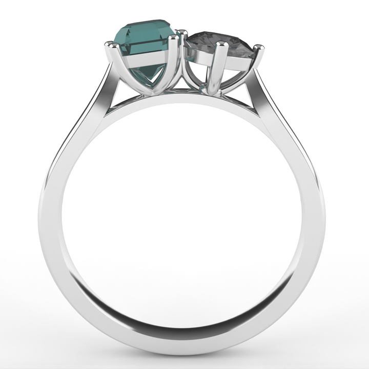 Juno - Emerald Cut Teal Sapphire and Round Salt and Pepper Diamond Toi et Moi Engagement Ring