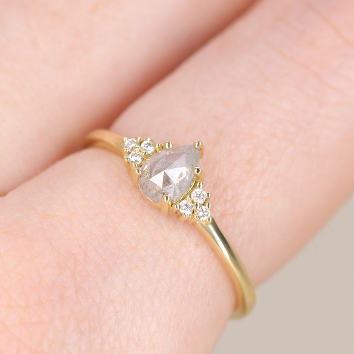 Henrietta - Petite Pear Cut Teardrop Shape Salt and Pepper Diamond Cluster Engagement Ring - Ready-to-Wear