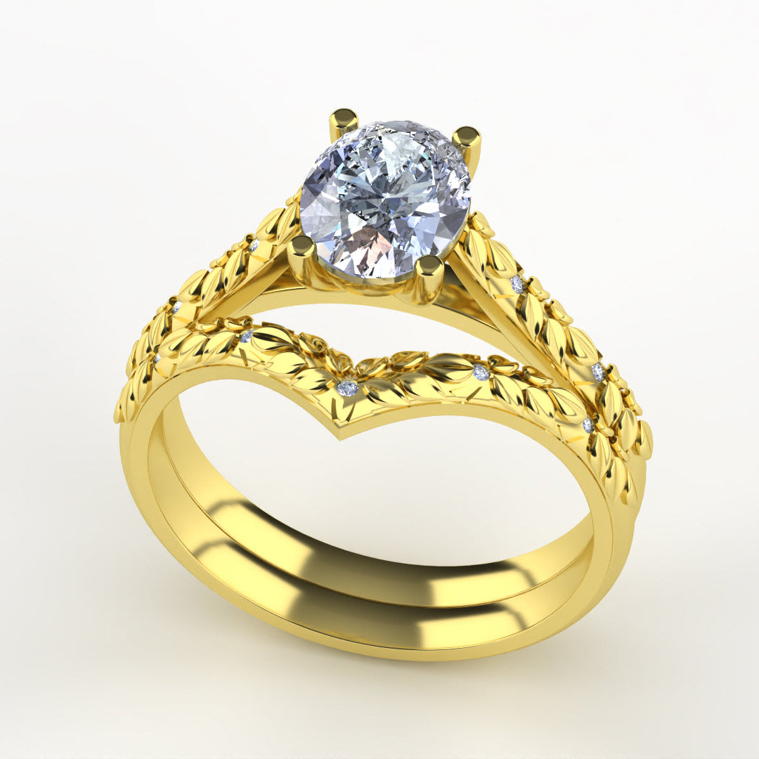 Bridal Set - Bethan - Oval Lab Grown Diamond Vintage Style Patterned Engagement Ring and Wishbone Wedding Ring Bridal Sets