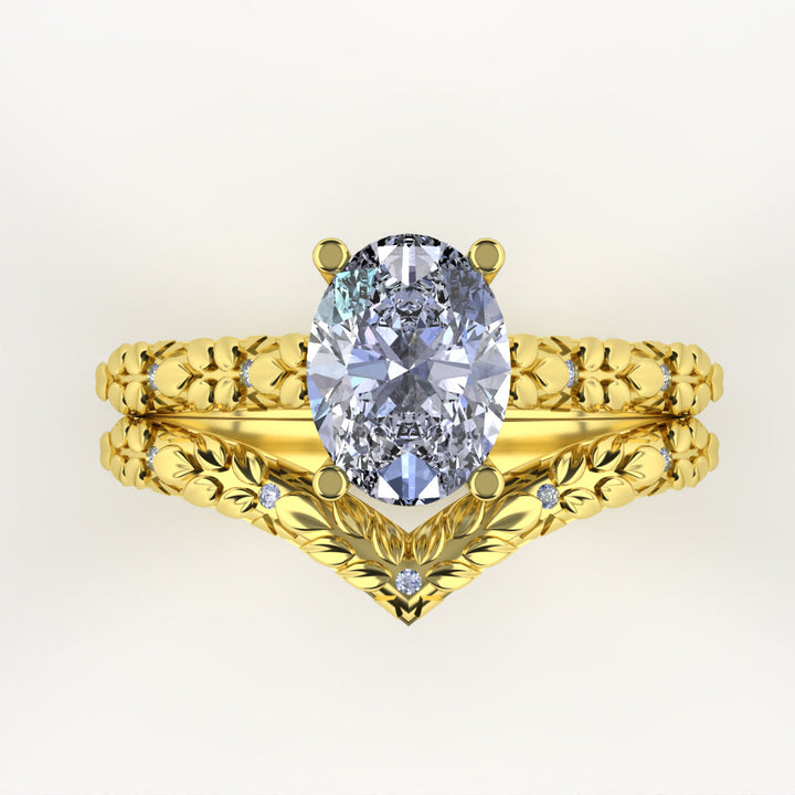 Bridal Set - Bethan - Oval Lab Grown Diamond Vintage Style Patterned Engagement Ring and Wishbone Wedding Ring Bridal Sets
