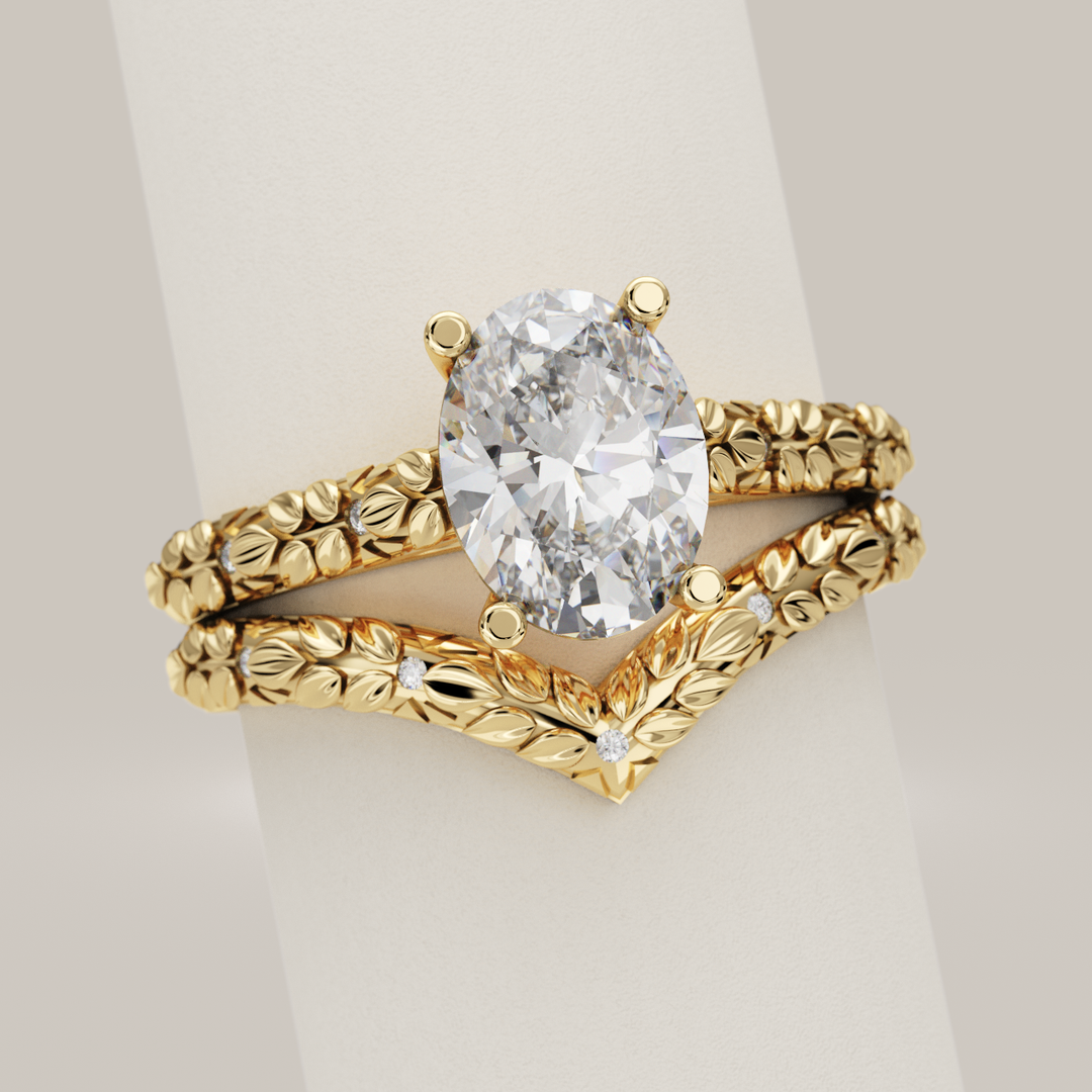 Bridal Set - Bethan - Oval Lab Grown Diamond Vintage Style Patterned Engagement Ring and Wishbone Wedding Ring Bridal Sets
