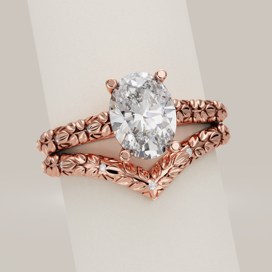 Bridal Set - Bethan - Oval Lab Grown Diamond Vintage Style Patterned Engagement Ring and Wishbone Wedding Ring Bridal Sets