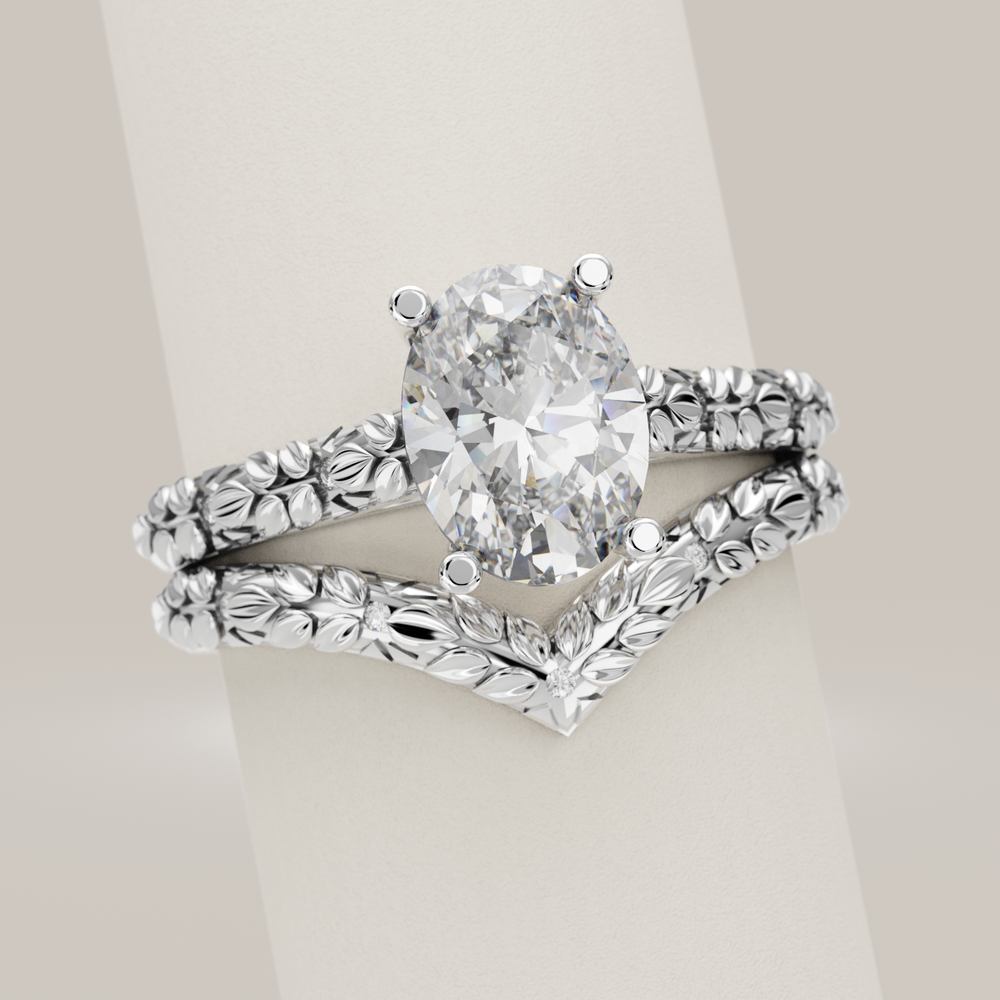Bridal Set - Bethan - Oval Lab Grown Diamond Vintage Style Patterned Engagement Ring and Wishbone Wedding Ring Bridal Sets