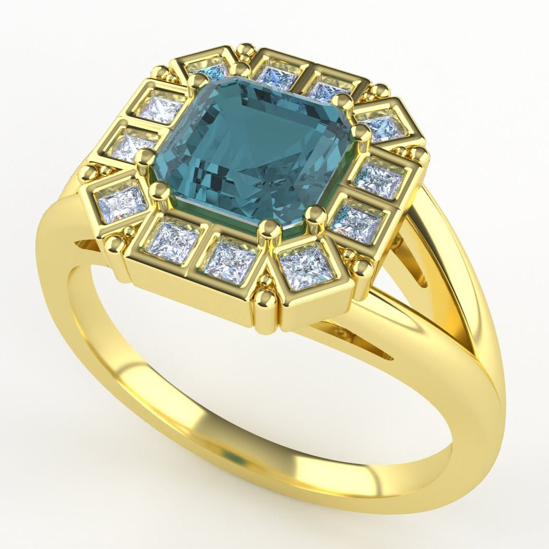 India - The Whistledown Mini Collection - Square Emerald Cut Teal Sapphire and Princess Cut Lab Grown Diamond with Hidden Detail Vintage Cluster Split Shank Engagement Ring - Made-to-Order