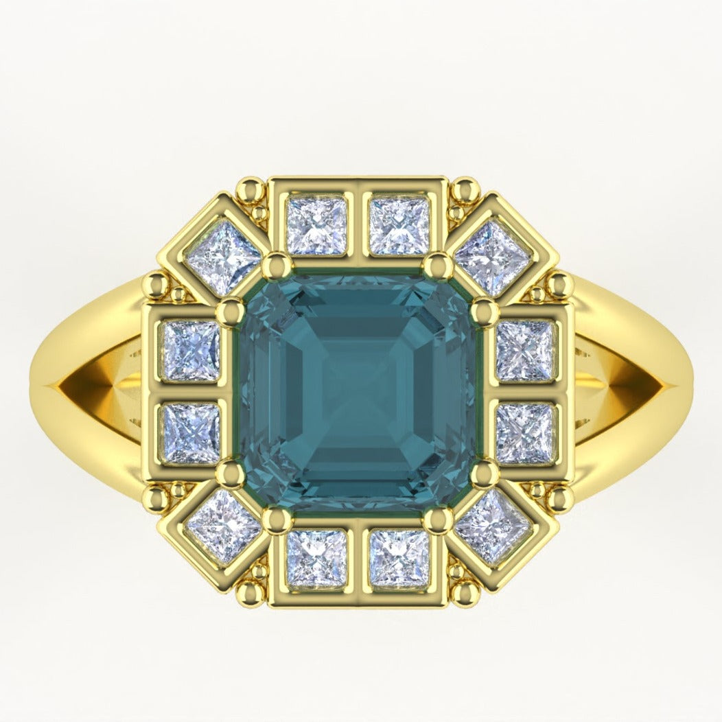 India - The Whistledown Mini Collection - Square Emerald Cut Teal Sapphire and Princess Cut Lab Grown Diamond with Hidden Detail Vintage Cluster Split Shank Engagement Ring - Made-to-Order