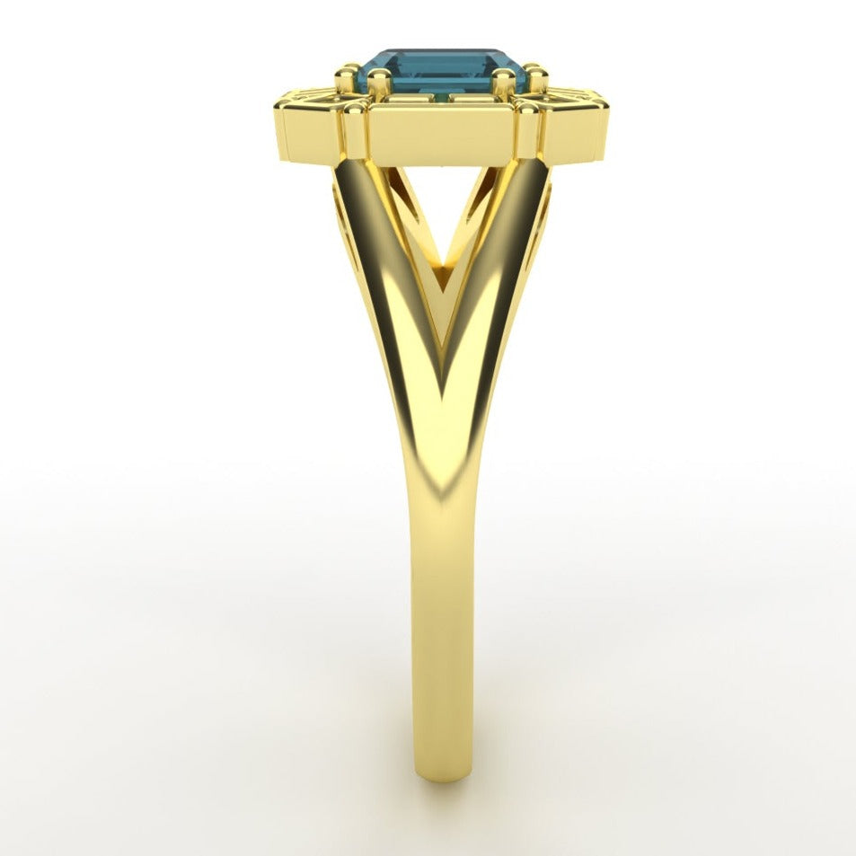 India - The Whistledown Mini Collection - Square Emerald Cut Teal Sapphire and Princess Cut Lab Grown Diamond with Hidden Detail Vintage Cluster Split Shank Engagement Ring - Made-to-Order