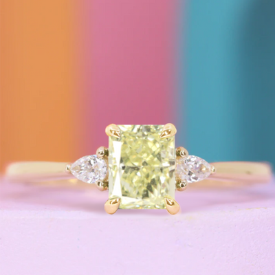 Elspeth - Emerald/Radiant Cut Yellow Diamond Ring with Pear Cut Side Stones - Custom Made-to-Order Design