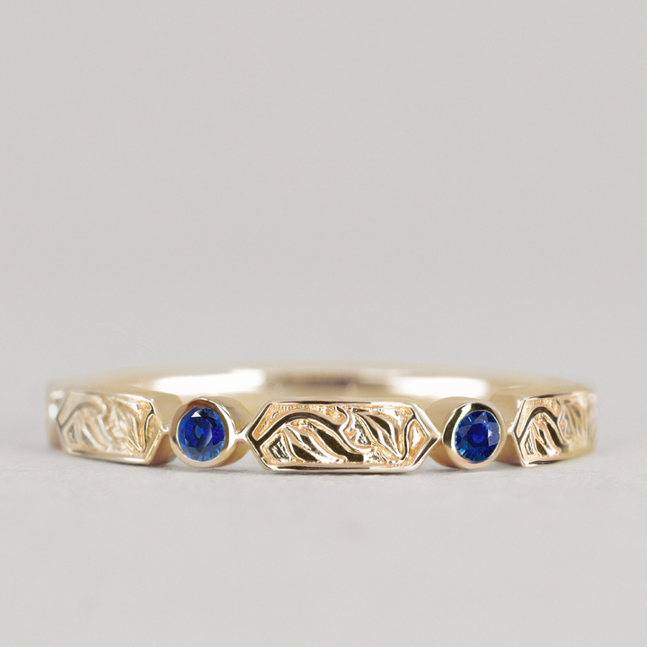 Fern - Floral Emerald, Ruby or Blue Sapphire Set Vine/Leaf Patterned Wedding Ring - Made-to-Order