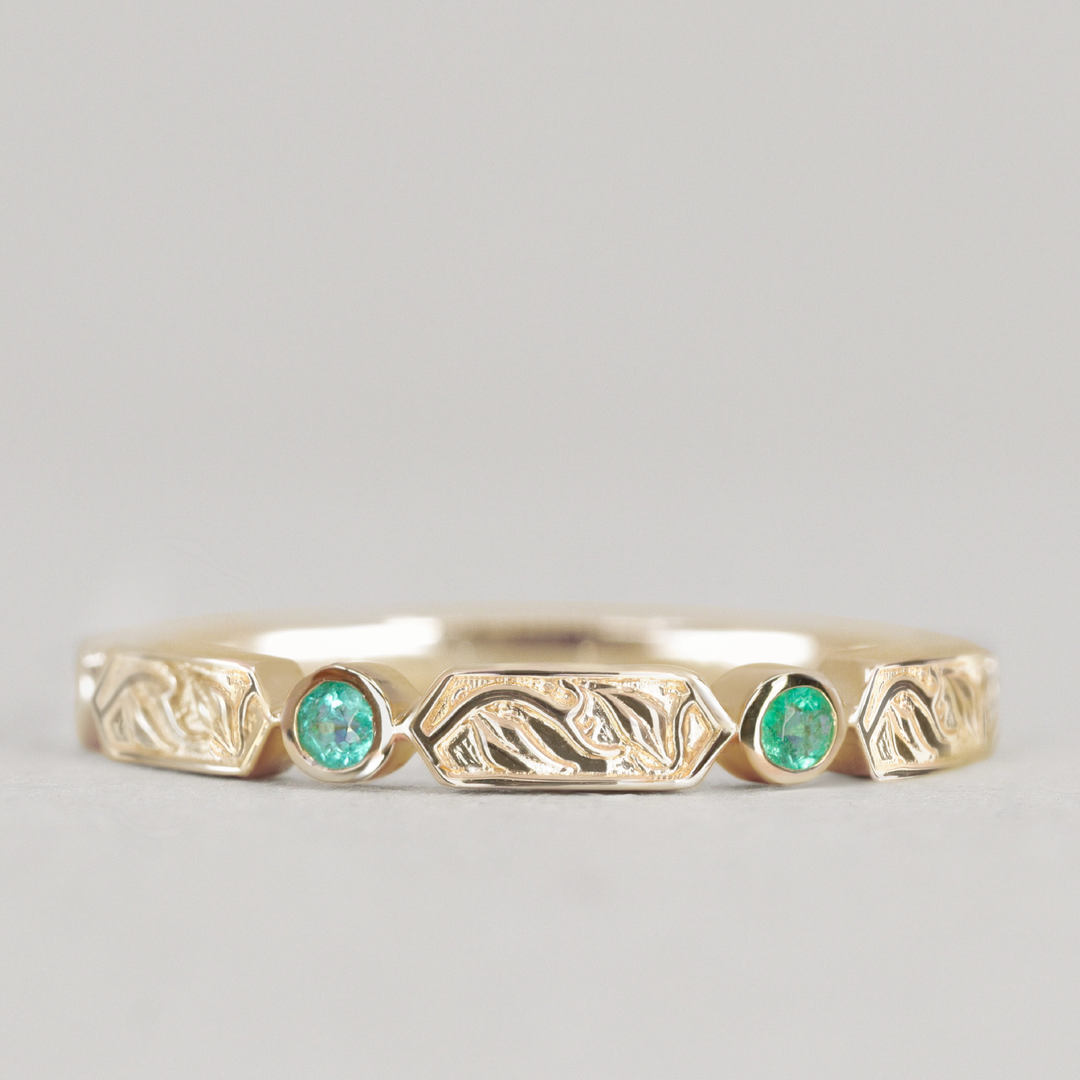 Fern - Floral Emerald, Ruby or Blue Sapphire Set Vine/Leaf Patterned Wedding Ring - Made-to-Order